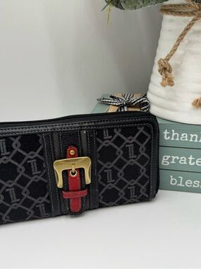 Tignanello Monogram Jacquard Zip Around Wallet Buckle Accent Black/Grey